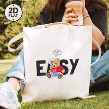 An Elegant Tote Bag Featuring A "Teddy Bear'S Happy Life" Print, With Durable Colors, Single-Sided Design, No Lining, And Fixed Shoulder Straps, Perfect For Shopping And Storage, Making It An Ideal Gift For Family And Friends. - 白色 - 查看 1