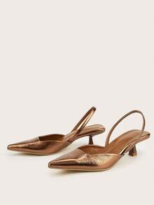 女士纯色真皮小猫跟鞋，优雅尖头高跟凉鞋，时尚踝带高跟鞋，正式场合婚礼派对鞋 - 棕色 - 查看 3