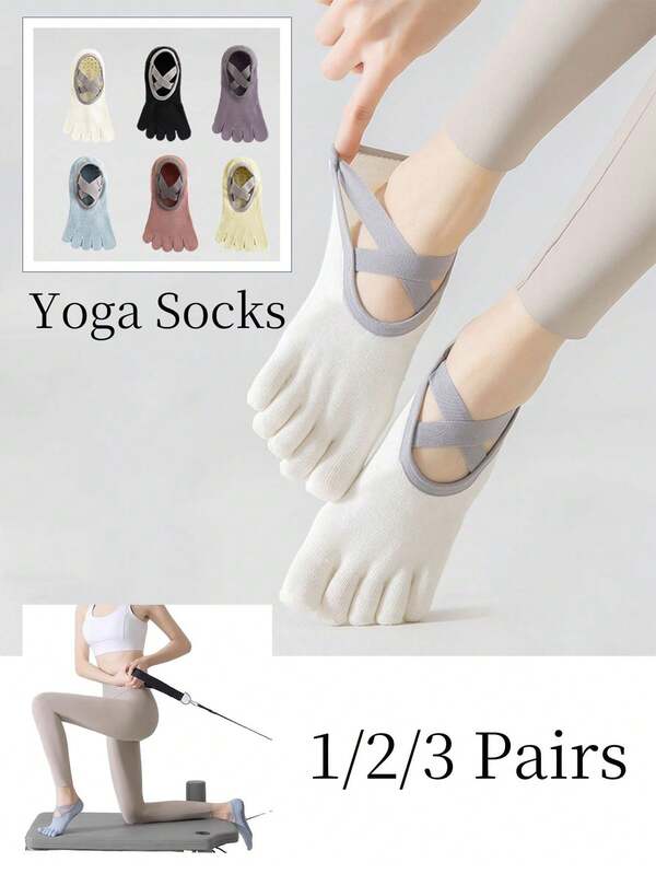 1/2/3 Pairs Women Non-Slip Yoga Socks, Solid Color Comfortable Toe Separator Yoga Socks, Five-Toe Design, Anti-Slip Silicone Grip, Adjustable Strap, Suitable For Yoga, Pilates And Other Indoor Sports