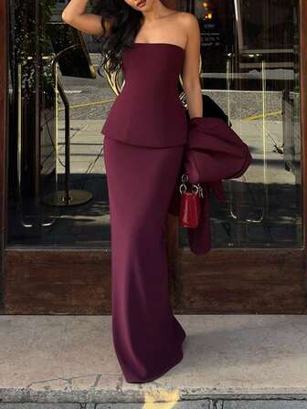 2pcs Elegant Minimalist Holiday Party Commute Daily Business Suit Set, Women Autumn Bustier Waist Fitted Top & Midi Skirt Co-Ord Sets