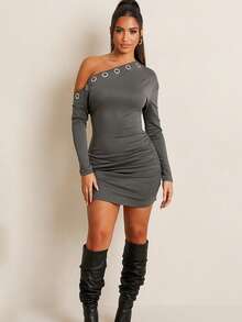 Women's Solid Color Asymmetrical Shoulder Mini Dress - Black - View 2
