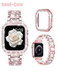 Conjunto de correa y caja de reloj con brillantes diamantes de imitación, compatible con Apple Watch para mujer. Elegante correa metálica con incrustaciones de diamantes de imitación y caja hueca de policarbonato con doble hilera de diamantes de imitación. Compatible con Apple Watch Series Ultra/11/10/9/8/7/6/5/4/3/SE, 38/40/41/42/44/45/46/49 mm. Preciosa y brillante correa y caja.
