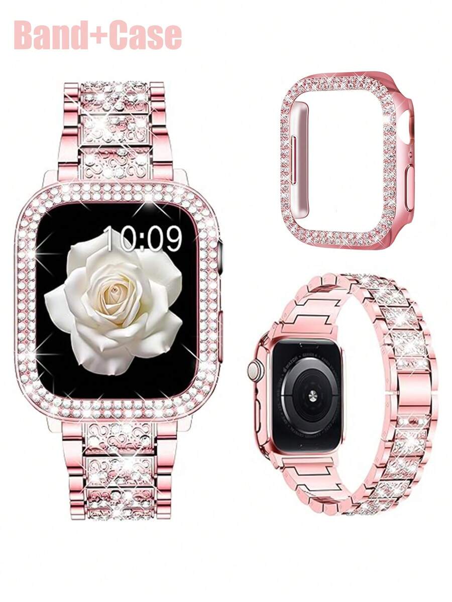 Conjunto de correa y caja de reloj con brillantes diamantes de imitación, compatible con Apple Watch para mujer. Elegante correa metálica con incrustaciones de diamantes de imitación y caja hueca de policarbonato con doble hilera de diamantes de imitación. Compatible con Apple Watch Series Ultra/11/10/9/8/7/6/5/4/3/SE, 38/40/41/42/44/45/46/49 mm. Preciosa y brillante correa y caja.