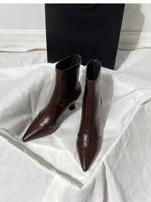 秋冬女士时尚尖头细跟黑色棕色PU皮革拉链踝靴，酒红色高跟鞋 - 棕色 - 查看 3