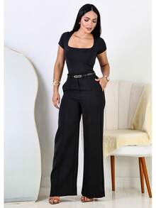 Kit 2 Women's Tailored Wide Leg Pants + 2 Free Belts - Black / Black - View 5