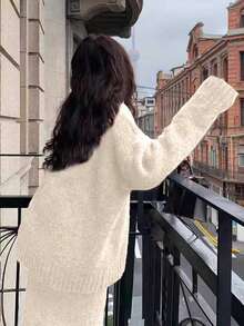 2pcs Versatile Fashion Women Sweater Set, Brown V-Neck Long Sleeve Knit Top, Solid Color Elegant 2 Pieces Outfit For Autumn/Winter Outings Fall - Apricot - View 8