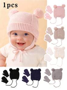 婴儿针织帽+婴儿手套2件套耳罩带长绳和双绒球针织帽可以更好地保护婴儿男孩女孩秋冬季都可以戴。 - 針織帽+手套組合 - 查看 1