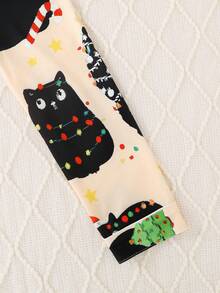 2pcs/Set Boys & Teens Casual Cartoon Cat Animal Print Lapel Long Sleeve Cardigan And Pants Sleepwear Set, Flame Retardant, Suitable For Christmas & All Seasons