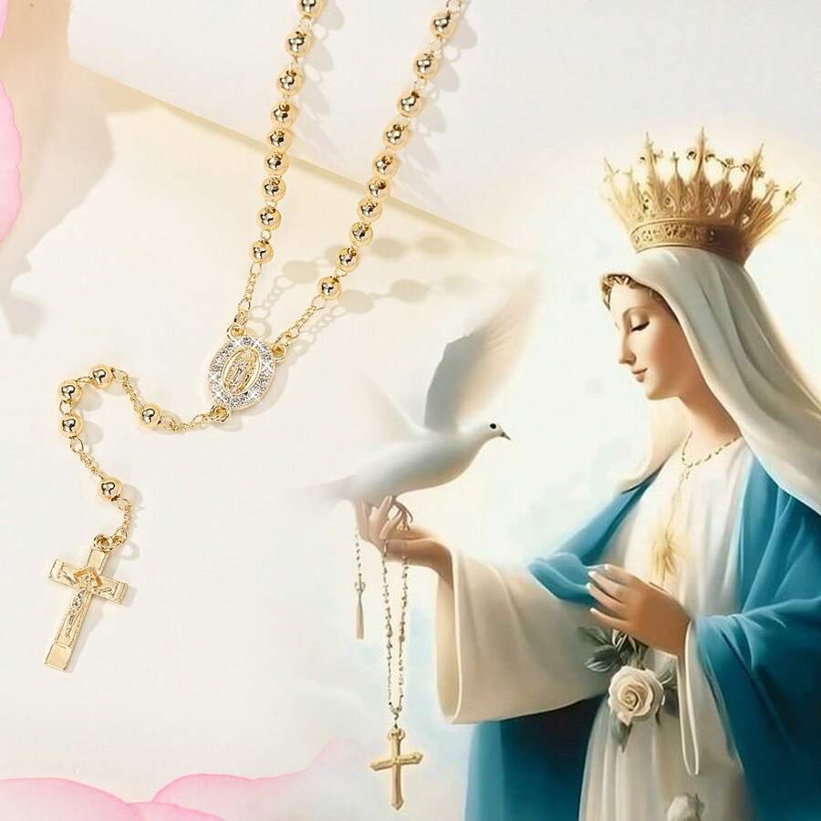 1 chiếc vòng cổ tràng hạt Công giáo thủ công, vòng cổ thánh giá Chúa Giêsu, mặt dây chuyền Đức Mẹ Đồng Trinh/Đức Mẹ Guadalupe, phụ kiện tín ngưỡng, tràng hạt cầu nguyện trong nhà thờ/lễ rửa tội, quà tặng cho phụ nữ vào ngày Lễ Tình nhân/Lễ Phục Sinh.