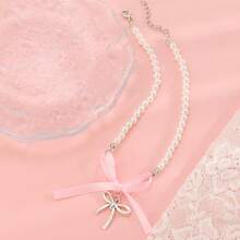 1pc Elegant Necklaces For Women,Heart Shaped Bow Pendant,Pink Choker,Pearl Necklace,Heart Necklaces,Gifts For Women,Jewelry Women