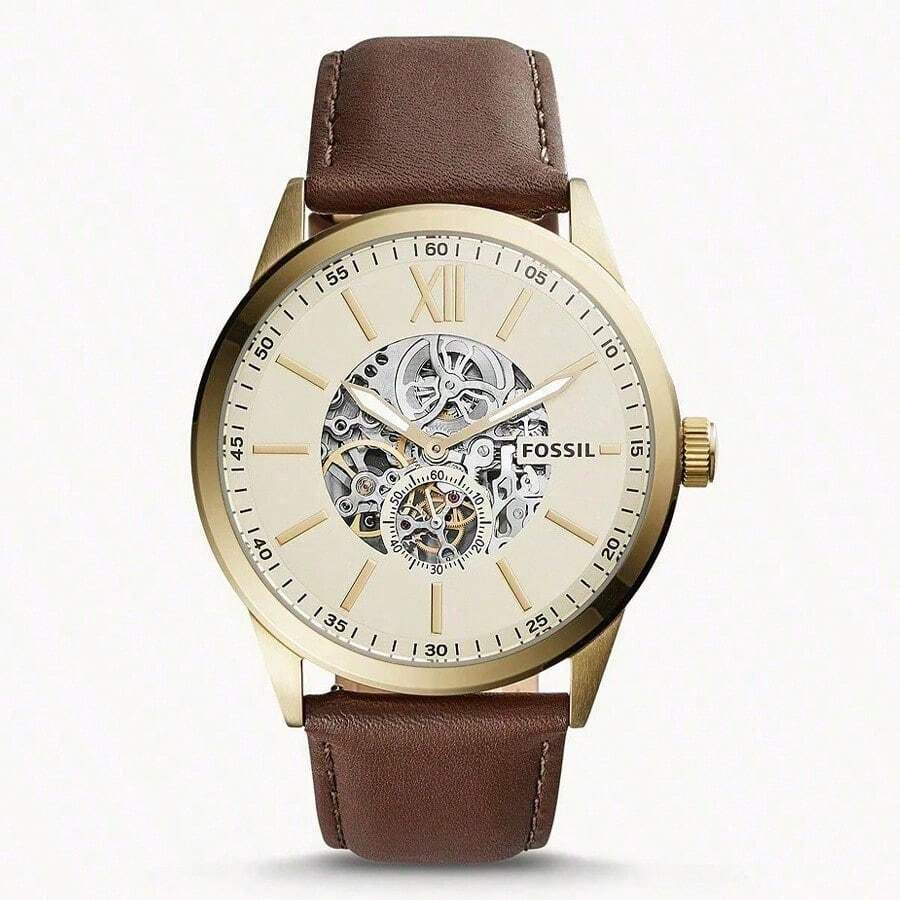 Fossil Reloj automático para hombre Flynn, disco hueco, negro, correa de cuero marrón, pantalla de hombre, escala de minutos, estilo versátil de negocios casuales, adecuado para uso diario, regalo, Día del Padre, regalo conmemorativo. BQ2270