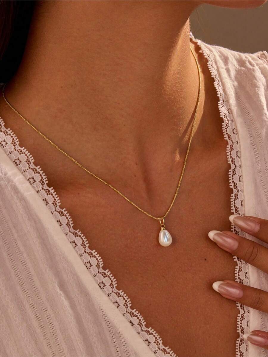 1 Set Necklace + Earrings Jewelry Set For Women, Elegant & Fashionable Faux Pearl Teardrop Pendant Necklace, Minimalist Everyday Jewelry, Gift For Girlfriend Or Mother On Holidays/Birthday