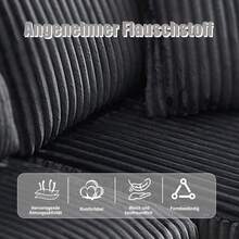 Sofagarnitur mit Chaiselongue und 2 Sitzen, weichem Kordelbezug, mit 5 Kissen, Seitentaschen und Getränkehalter, hochdichtem Schaumstoff, Kombination, für Wohnzimmer, Wohnung und Studio. - Grau + Cord + Schaumstoff + 3 Sitze - Übersicht 4