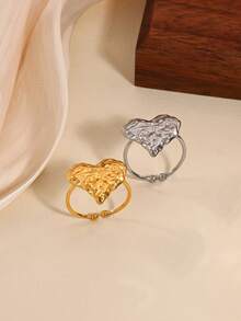 1pc Sweet Textured Heart-Shaped Open Ring, Women's Gold Stainless Steel Ring, Suitable For Weddings, Valentine's Day And Other Occasions, Can Be Used As Jewelry Decoration - Multicolor - View 8