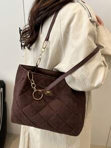 New Vintage Suede Large Tote Bag, Quilted Diamond Pattern, Faux SuedOne Shoulderder, Fashionable Gold Foil Letter Decor, Leather Label, Large Capacity, Chain Shoulder Strap, Crossbody, Dual Top Handle, Casual, Commuter, Retro Style Women Handbag, Autumn/Winter - Coffee - View 4