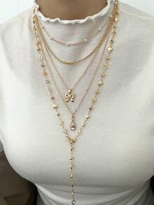 5 件 Y 形项链套装，时尚简约优雅复古设计，带蝴蝶结、水滴、心形、水钻、仿珍珠、流苏吊坠、Y 形项链，适合节日、派对、日常佩戴、礼物 - 金黃色 - 查看 4