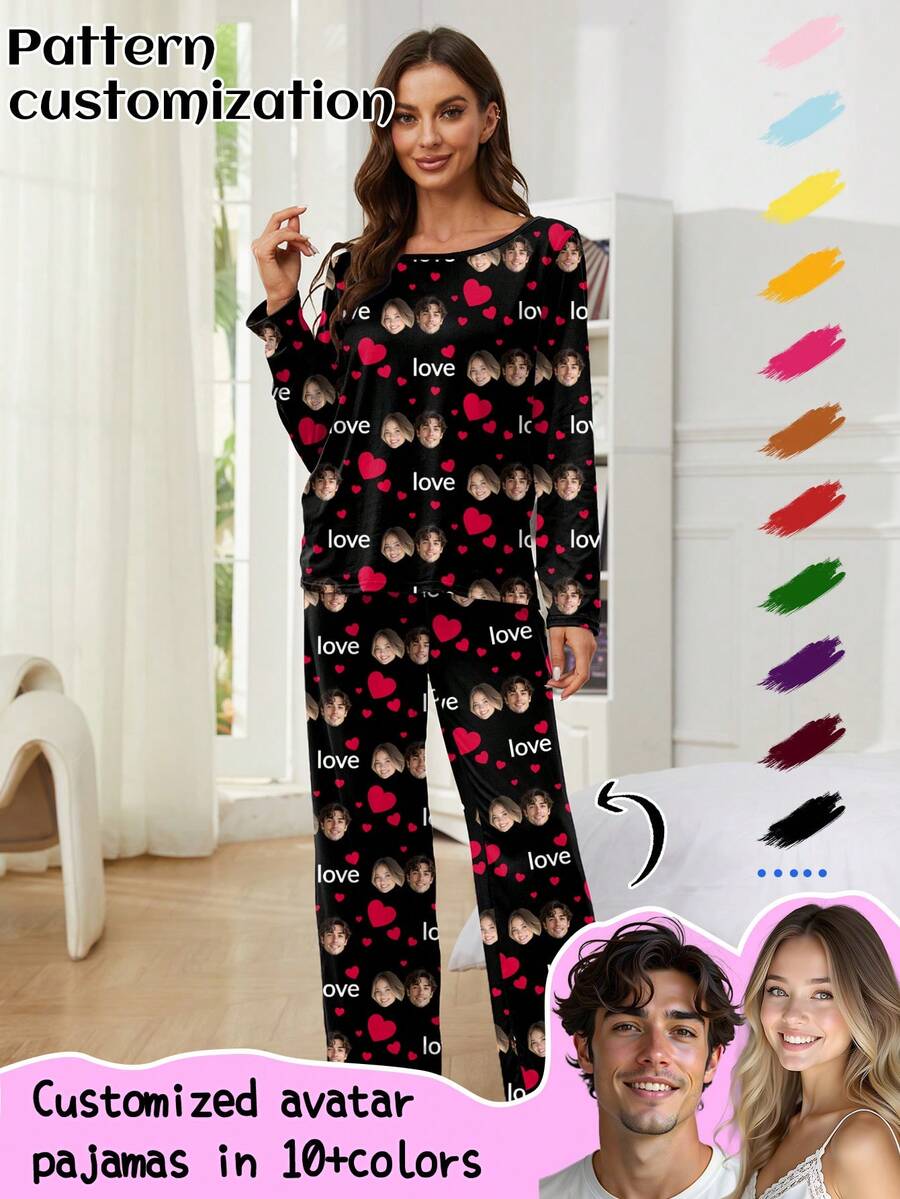 Customized Women's Pajama Set, Unique Big Head Photo, Couple Face Replacement, Holiday Atmosphere, Fall Winter Clothes,Roupa Reveillon - Black - View 1