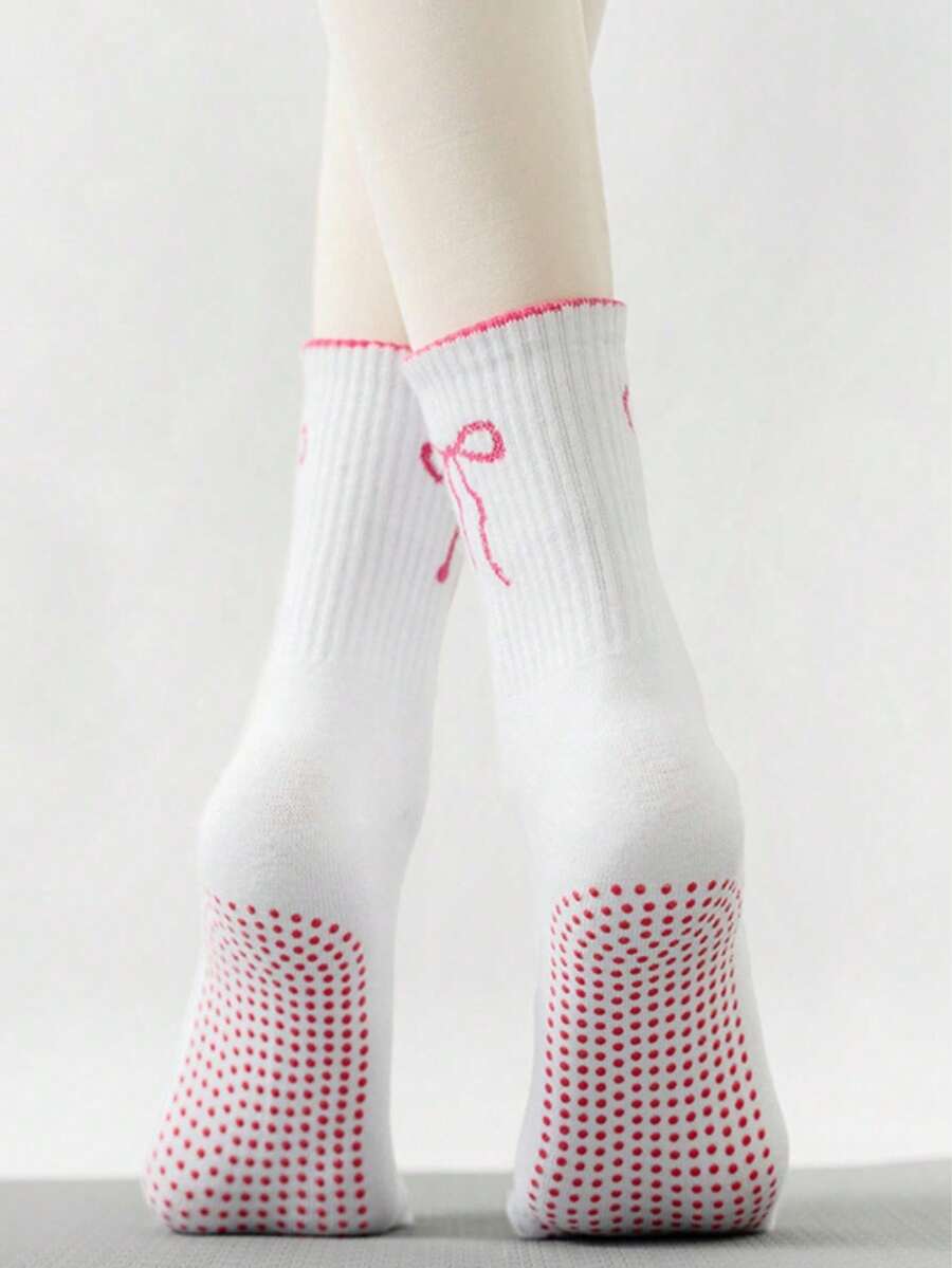 蝴蝶结女士防滑瑜伽普拉提长袜 - 防滑芭蕾/芭蕾/舞蹈袜，硅胶点缀，防滑设计，吸湿排汗网眼面料，可爱蝴蝶结装饰；适用于瑜伽、普拉提、芭蕾、舞蹈、健身房、舞蹈室、居家练习；可机洗裸色休闲时尚袜；防滑耐磨，适用于硬木地板和垫子；可选分趾/全趾款式；轻度压缩，提供足弓支撑；舞者、瑜伽爱好者的理想礼物，万圣节礼物、圣诞节礼物 - 彩色 - 查看 1