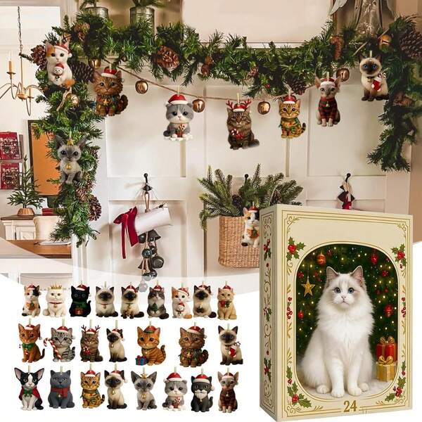 Katzen-Adventskalender 2025, Weihnachts-Countdown für Kinder mit 2D-Katzenanhänger aus Acryl, tolle Weihnachtsbaumdekoration für Katzenliebhaber und Kinder.