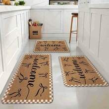 1PC Floor Mat--Decorative Doormat With Brown Cork-Like Surface, Checkered Border, 'Welcome' In Black Cursive & 8 Bow Accents, Simple Inviting Indoor Outdoor Mat For Entryway Greeting--  Flannel, MatSoft, Comfortable And Easy To Clean, Suitable For Hallway Bathroom, Bedroom, Kitchen, Porch, Laundry Room, RV Outdoor Decoration Holiday Decoration Three Sizes Available Christmas Door Decor Fall Decorations For Home - màu đen - Xem 2