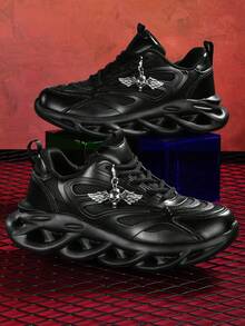 5厘米增高女式时尚休闲运动鞋，配有可拆卸3D金属银色闪亮万圣节骷髅装饰链，朋克风高底EVA厚底轻便减震防滑透气网面夏季凉鞋，圆头系带黑色大码鞋，适合大学生、青少年日常穿着，也适合约会、健身、办公等场合。 - 黑色 - 查看 15