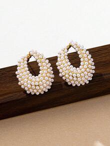 1 Cặp bông tai đính ngọc trai hình bầu dục bất đối xứng bằng hợp kim vàng thời trang, thích hợp để đeo hàng ngày, dự tiệc, tụ tập, đi nghỉ, mặc váy dạ hội - Nhiều màu - Xem 4