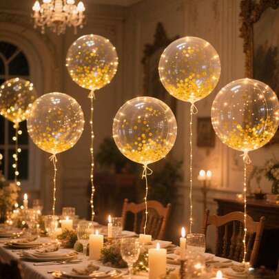 10pcs LED Balloon String Lights, Transparent Bubble Ball Design, Charming LED Glowing Bubble Ball Balloons With Warm White String Lights, Suitable For Birthday, Wedding, Anniversary, Valentine's Day And Christmas Decoration, Summer Beach Party Decor, Birthday Balloons, Indoor Party Decoration, Sparkling LED Sequin Bubble Balloons