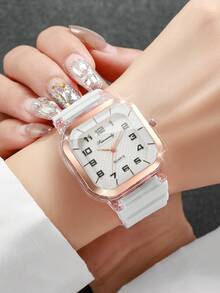 1pc Women's Silicone Band Fashion Casual Square Dial Elegant Quartz Wrist Watch, No Watch Box Included - White - View 2