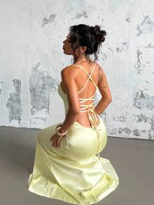 1pc Solid Color Elegant Backless Tie Strap Dress, Suitable For Party, Wedding, All Seasons - Green - View 5