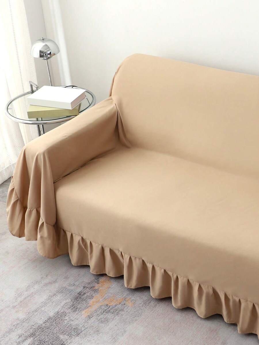 1pc Solid Color Sofa Throw Blanket, Modern Minimalist Style With Lace Edge, Polyester Fiber, Suitable For Living Room And Bedroom - Khaki - View 1