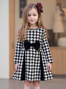 Girls' Autumn Dress, Houndstooth Pattern, French Bow Decor, A-Line Waist Design, Patchwork, Fashion & Cute - Black and White - View 4