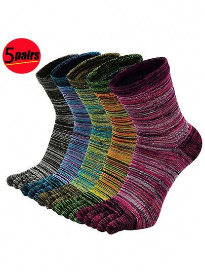 5 Pairs Of Men's Five-Finger Sports Socks Toe Socks Running Socks Sweat-Absorbent Breathable Non-Slip Wear-Resistant Mid-Tube Striped Men's Socks Mid-Waist Spring And Autumn Style One Size (39-45)