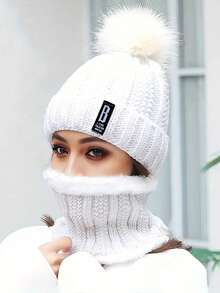Set de 2 piezas de gorro de boina de invierno para mujer y bufanda con forro polar y pompón - Transpirable, elástico, cierre con cremallera, lavar a mano, ideal para Navidad y otoño
