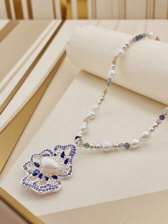 1pc Handmade Natural Freshwater Pearl Necklace, Elegant Charm Versatile Choker Necklace, Unique Design, Fashionable, Suitable For Women's Daily Wear