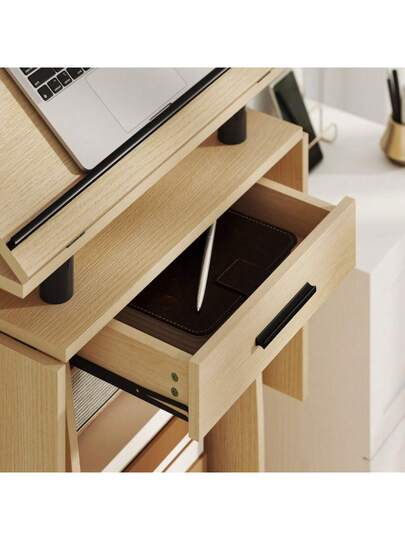 HOMCOM Rollbarer Podium St Lectern Folding Side Wings, Laptop Bureau Drawer Shelves, Oak Look view 7