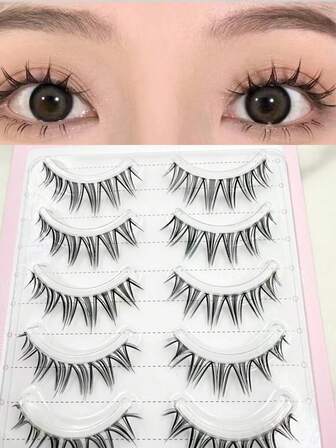 5 对卡通猫耳形自然假睫毛，柔软卷曲，适合角色扮演、舞台化妆、派对和约会