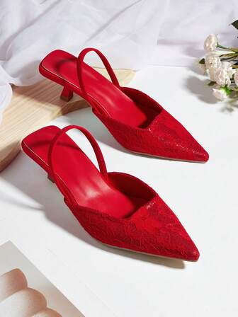 Women's New Solid Color Lace Kitten Heel Shoes, Elegant Pointed Toe High Heels, Fashionable Ankle Strap High Heels (Random Cut)