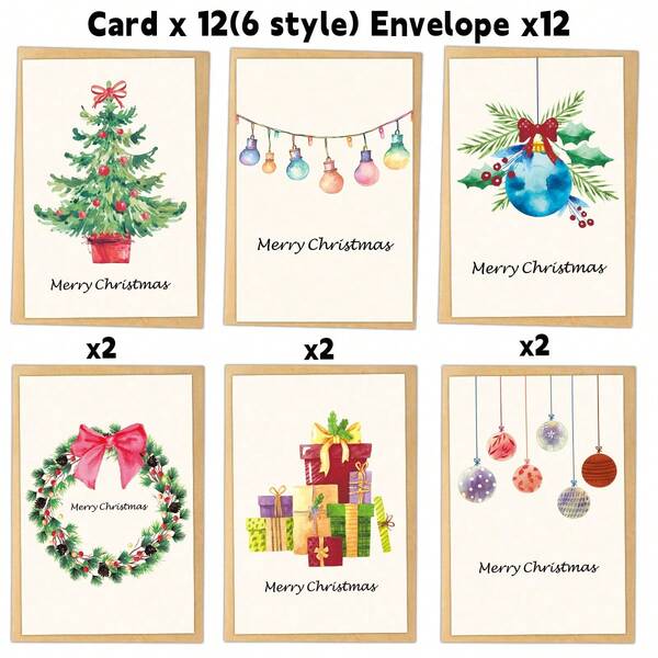 12pcs Festive Christmas Greeting Cards With Envelopes - Watercolor Xmas Tree, Balls & Wreath Designs, Perfect For Holiday Wishes, Family Celebrations & Thank You Notes, Christmas Gifts