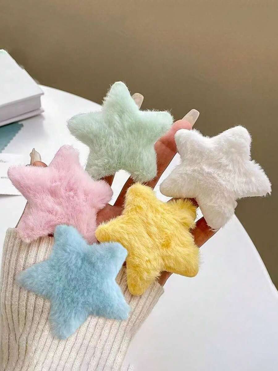 5个毛绒五角星刘海发夹，发卡，发夹，发饰，冬季，头部饰品，发卡 - 多色 - 查看 1