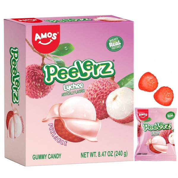 AMOS Peelerz Lychee Gummy Candy 8.47oz Box Peelable Fruit-Shaped Candy Fun Peeling Gummy Snack Made With Real Juice