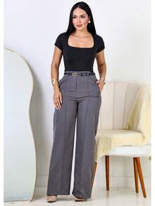 Kit 2 Women's Tailored Wide Leg Pants + 2 Free Belts - Gray / Beige - View 4