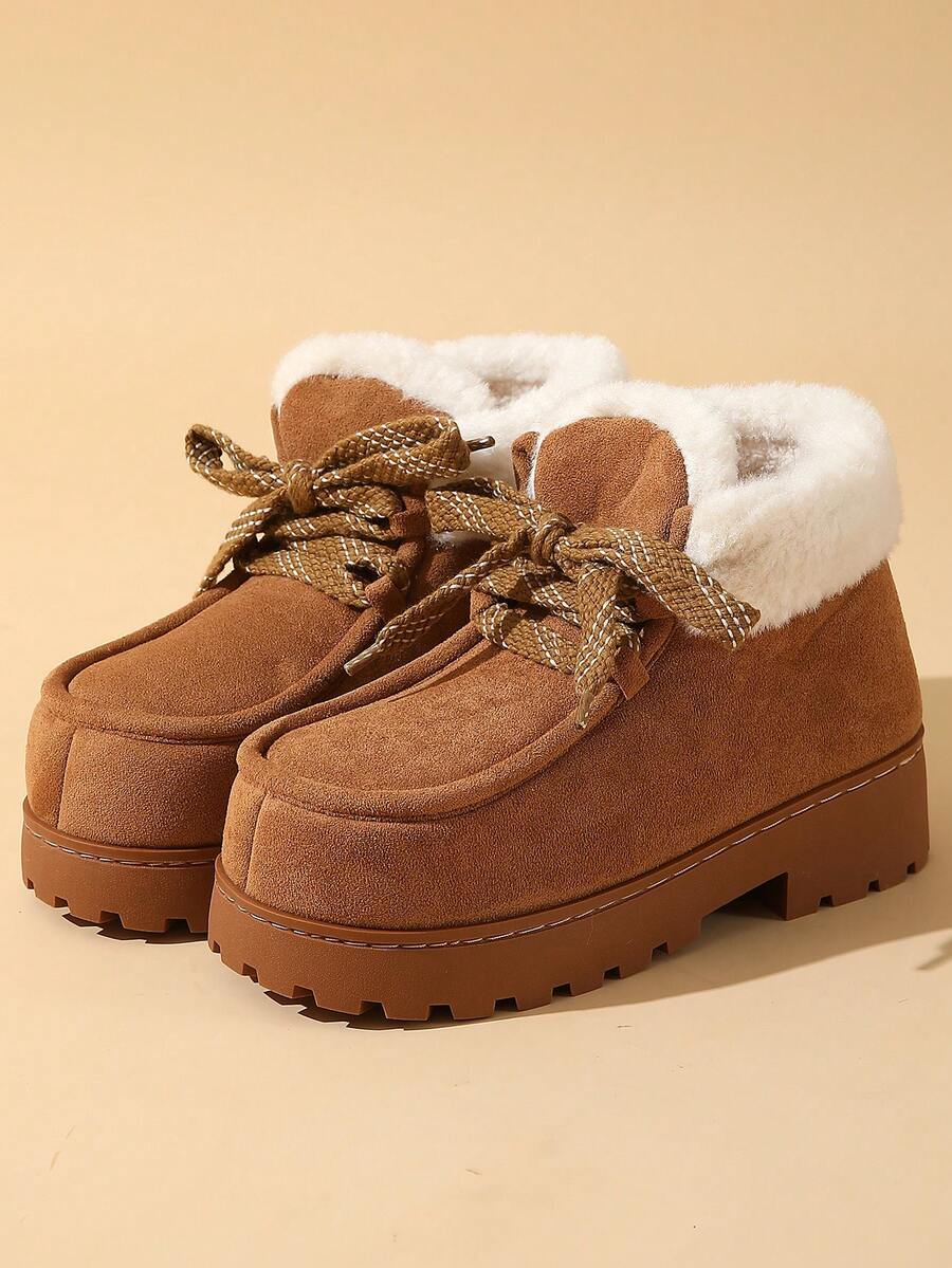 Women's Thick Sole Solid Color Plush Comfortable Warm Outdoor & Indoor Snow Boots, Winter - Brown - View 1