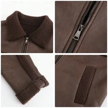 Abrigo de piel sintética para mujer Nueva chaqueta de cuero de gamuza para mujer, a la moda, versátil, cálida con forro, casual y a prueba de viento - Café integral - Ver 4