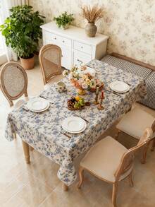 1 pieza Mantel con estampado floral de rosa azul vintage elegante, cubierta de mesa rectangular lavable para mesa de comedor, mesa de café, mesita de noche, mesa redonda, decoración del hogar, adecuado para comidas familiares, cocina, cena, fiesta, boda, camping, picnic, todas las estaciones, primavera/verano - azul y blanco - Ver 8