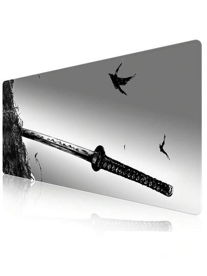 Alfombrilla de ratón extendida con espada de samurái japonesa, alfombrilla de ratón extendida de animación en blanco y negro con borde cosido y base antideslizante, grande para oficina, computadora, teclado, computadora portátil, hogar