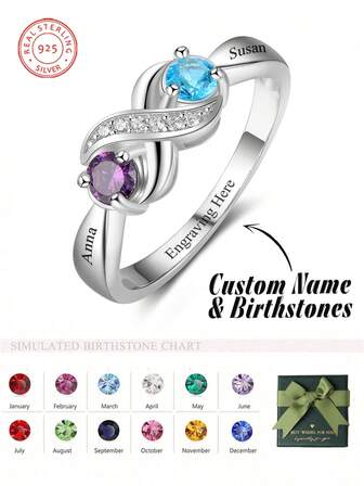 1pc S925 Sterling Silver Born Stone Ring Custom Name Women's Birthday Stone Jewelry GiftAnniversary Gift And Holiday Gift Mother's Day Gift