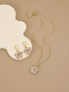 1 chiếc vòng cổ thép không gỉ hình hoa 5 cánh đính đá Cubic Zirconia màu hồng dễ thương và thanh lịch, 1 đôi bông tai thép không gỉ hình hoa 5 cánh đính đá Cubic Zirconia màu hồng dễ thương và thanh lịch, vòng cổ vàng, phụ kiện nữ, trang sức, quà tặng cho cô ấy, quà tặng sinh nhật, tiệc tùng, mùa hè - Màu Hồng baby - Xem 3