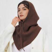 1pc Women's Knitted Hooded Scarf, Large Knitted Hat With Neckband For Warmth And Solid Color Drawstring Balaclava For Women In Winter Solid Color Warm Neck Warmer 2025