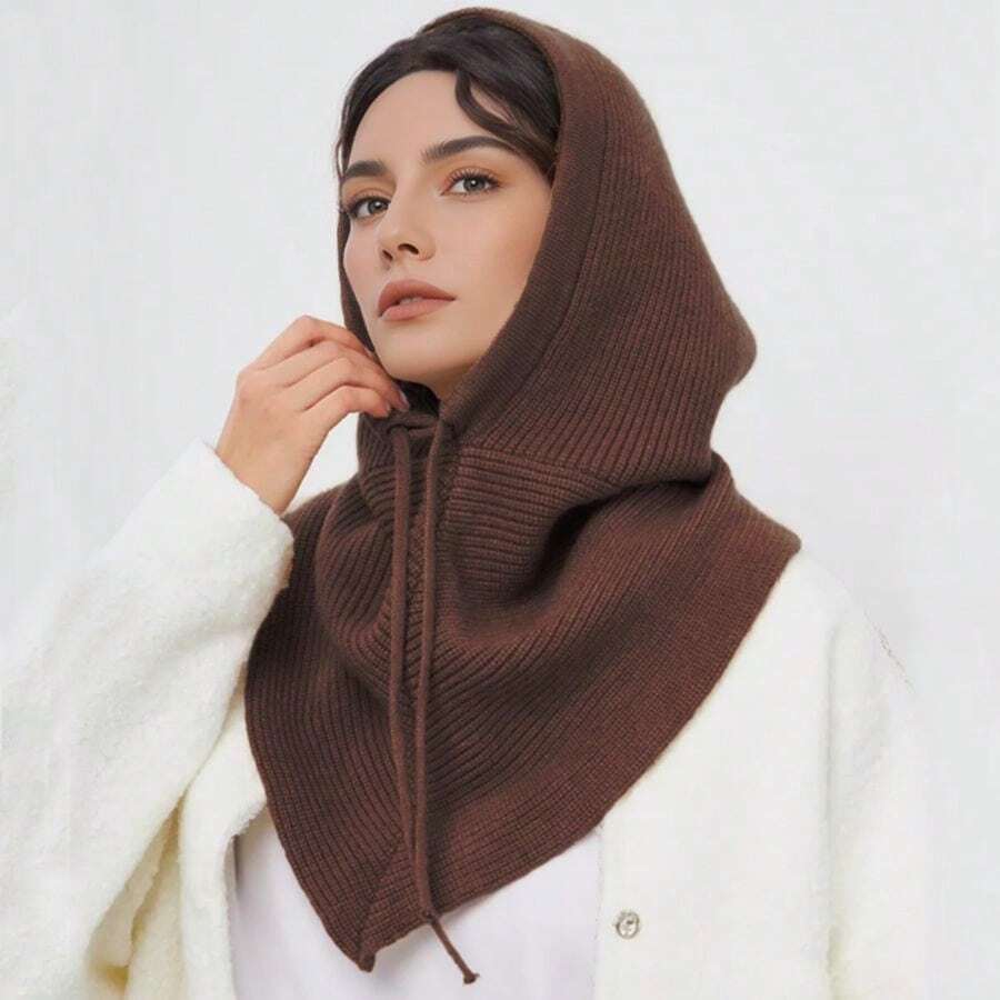 1pc Women's Knitted Hooded Scarf, Large Knitted Hat With Neckband For Warmth And Solid Color Drawstring Balaclava For Women In Winter Solid Color Warm Neck Warmer 2025
