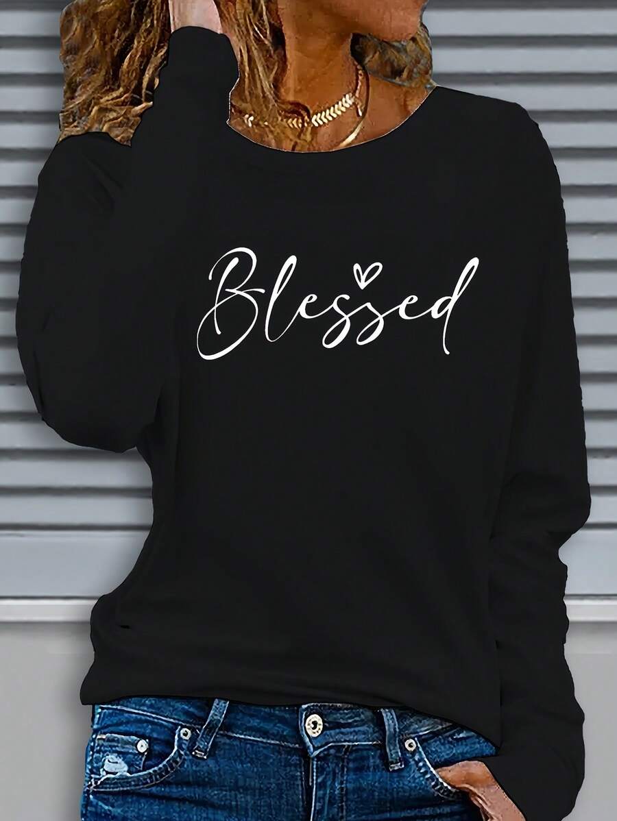 2025 Women's Plus Size Loose Fit Long Sleeve T-Shirt - Blessing Cursive Letters And Heart Print, Black With White Text, Elastic Comfortable Fit, Machine Washable Daily Top, Suitable For Church Activities, Casual Outfits And Year-Round Layering (Christian Faith Clothing) - Spring Summer Round Neck Geometric Pattern Shirt, Loose Fit, Plus Size Clothing, Elegant Script Design, Large Women's T-Shirt, Plus Size Pattern T-Shirt For Women, Women's Shirt Soft And Breathable - màu đen - Xem 1